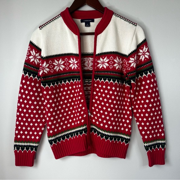 VTG Lands' End Kids Medium Red & Ivory Fair Isle Snowflake Zip-Up Sweater Cotton - Picture 7 of 11